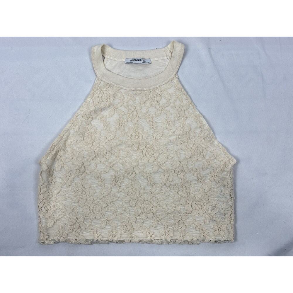 Zara Trafaluc Ivory Lace Halter Crop Top Sleeveless Floral Boho Festival Size M